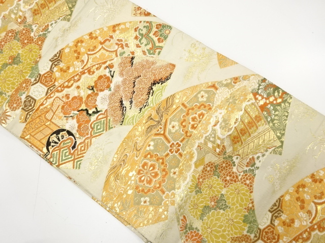 JAPANESE KIMONO / ANTIQUE MARU OBI / WOVEN FLOWER & MANSION
